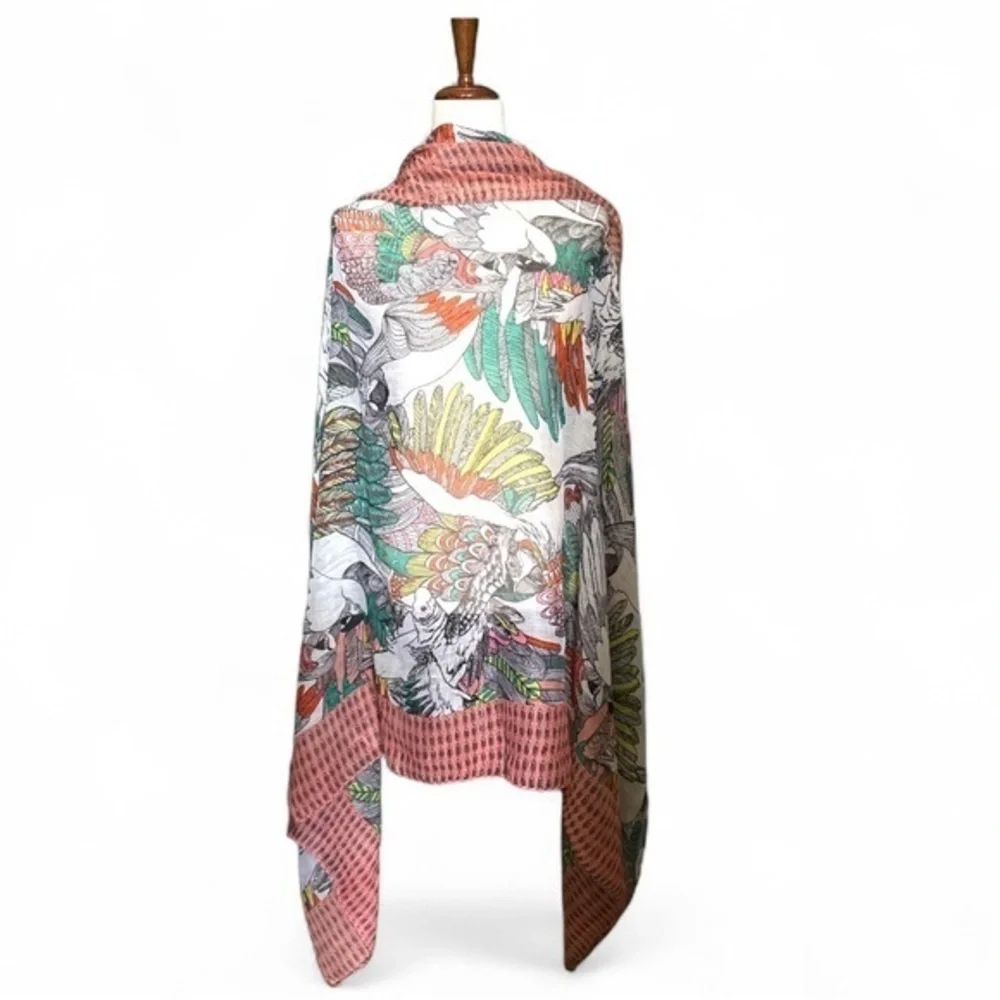 Tropical Parrot Print Sheer Cotton Wrap Scarf Beach Shawl Resortwear